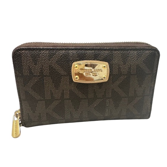 Michael Kors Handbags - Michael Kors Signature MK Monogram Zip Around Wallet Brown Gold
